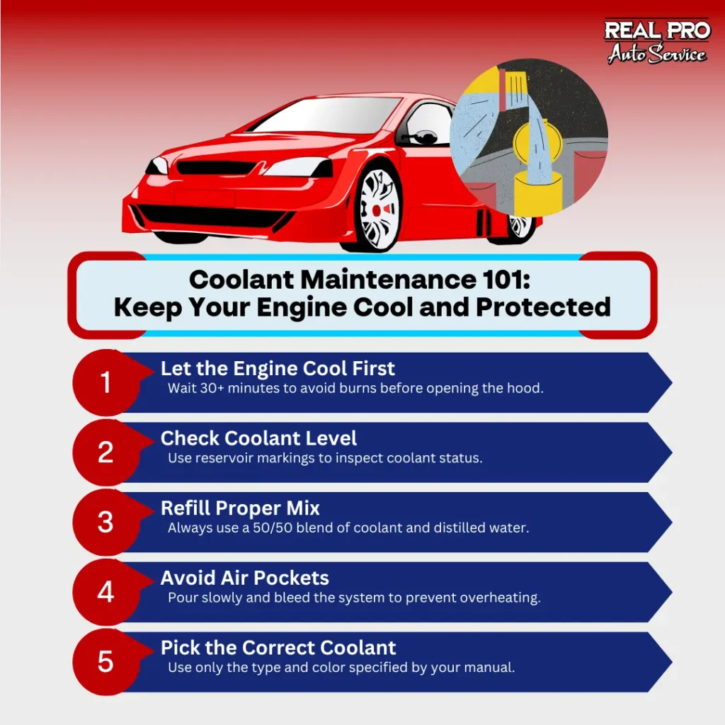 Coolant Maintenance 101: Keep Your Engine Cool and Protected. Let the Engine Cool First - Wait 30+ minutes to avoid burns before opening the hood. Check Coolant Level - Use reservoir markings to inspect coolant status. Refill Proper Mix - Always use a 50/50 blend of coolant and distilled water. Avoid Air Pockets - Pour slowly and bleed the system to prevent overheating. Pick the Correct Coolant - Use only the type and color specified by your manual.