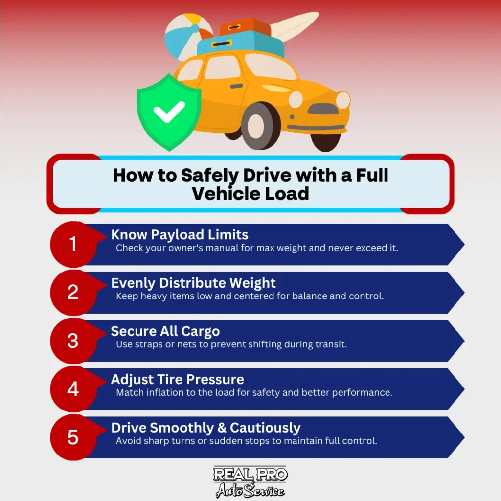 How to Safely Drive with a Full Vehicle Load: Know Payload Limits - Check your owner's manual for max weight and never exceed it. Evenly Distribute Weight - Keep heavy items low and centered for balance and control. Secure All Cargo - Use straps or nets to prevent shifting during transit. Adjust Tire Pressure - Match inflation to the load for safety and better performance. Drive Smoothly & Cautiously - Avoid sharp turns or sudden stops to maintain full control.