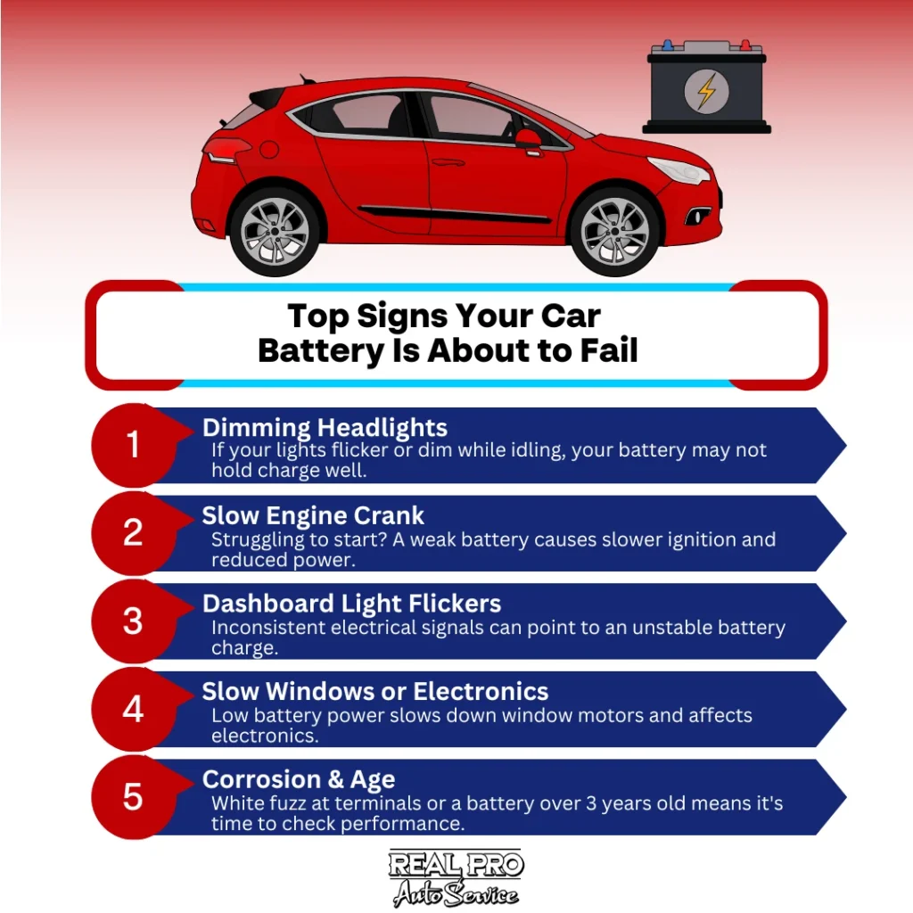 Top Signs Your Car Battery Is About to Fail: Dimming Headlights - If your lights flicker or dim while idling, your battery may not hold charge well. Slow Engine Crank - Struggling to start? A weak battery causes slower ignition and reduced power. Dashboard Light Flickers - Inconsistent electrical signals can point to an unstable battery charge. Slow Windows or Electronics - Low battery power slows down window motors and affects electronics. Corrosion & Age - White fuzz at terminals or a battery over 3 years old means it's time to check performance.